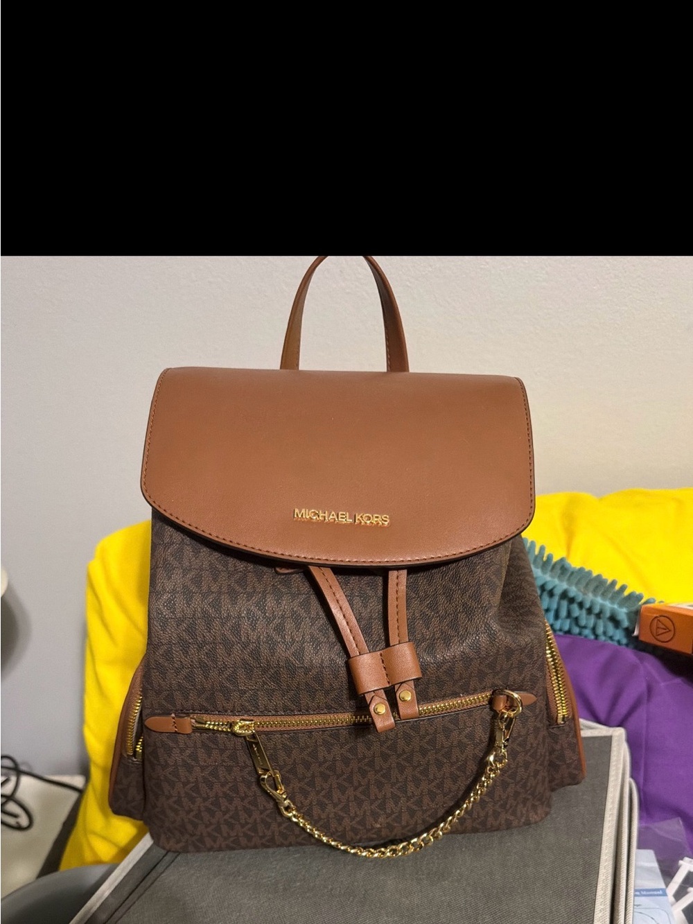 Michael Kors Brown Signature MK Logo Backpack with Gold Chain